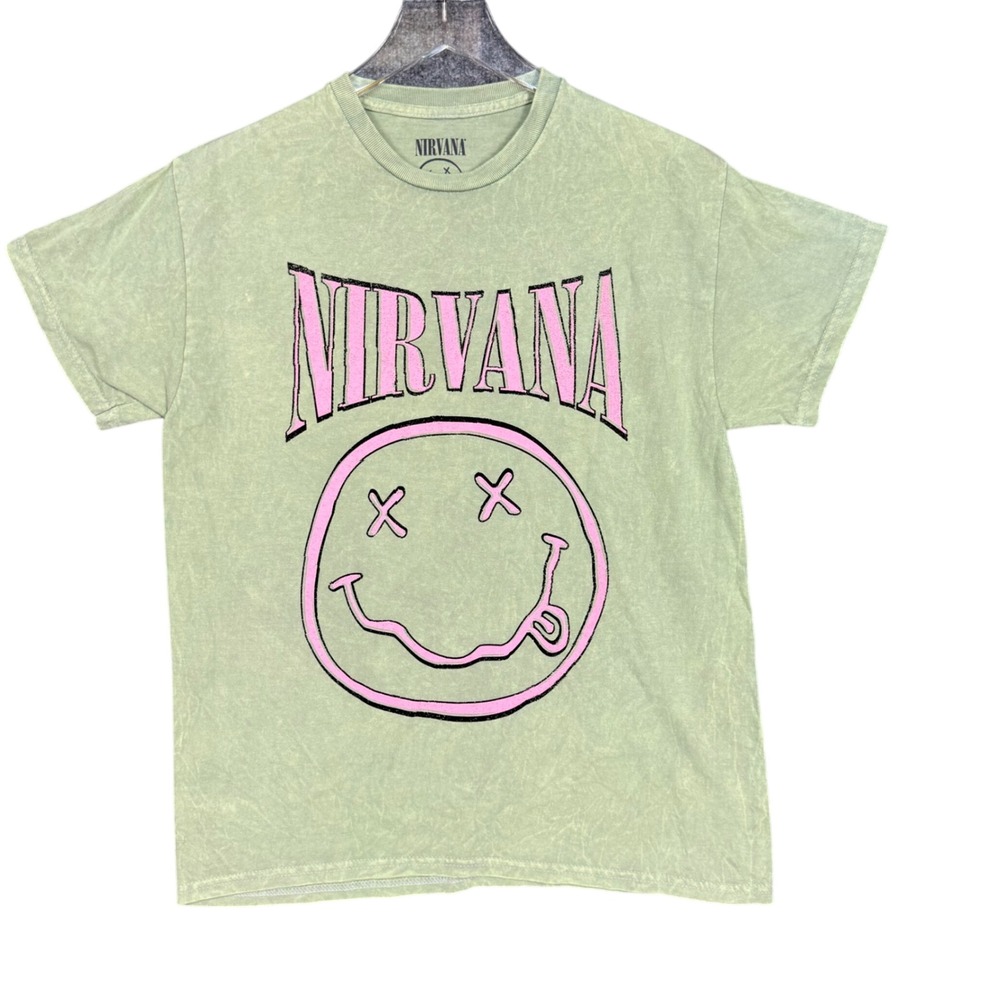 Nirvana Band Tee Mens Medium‎ Green Pink Smiley Face T-Shirt Short Sleeve Grunge